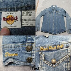 Vintage Hard Rock Cafe Denim Jacket Womens Large Blue Pockets Snap Denver 80s 90